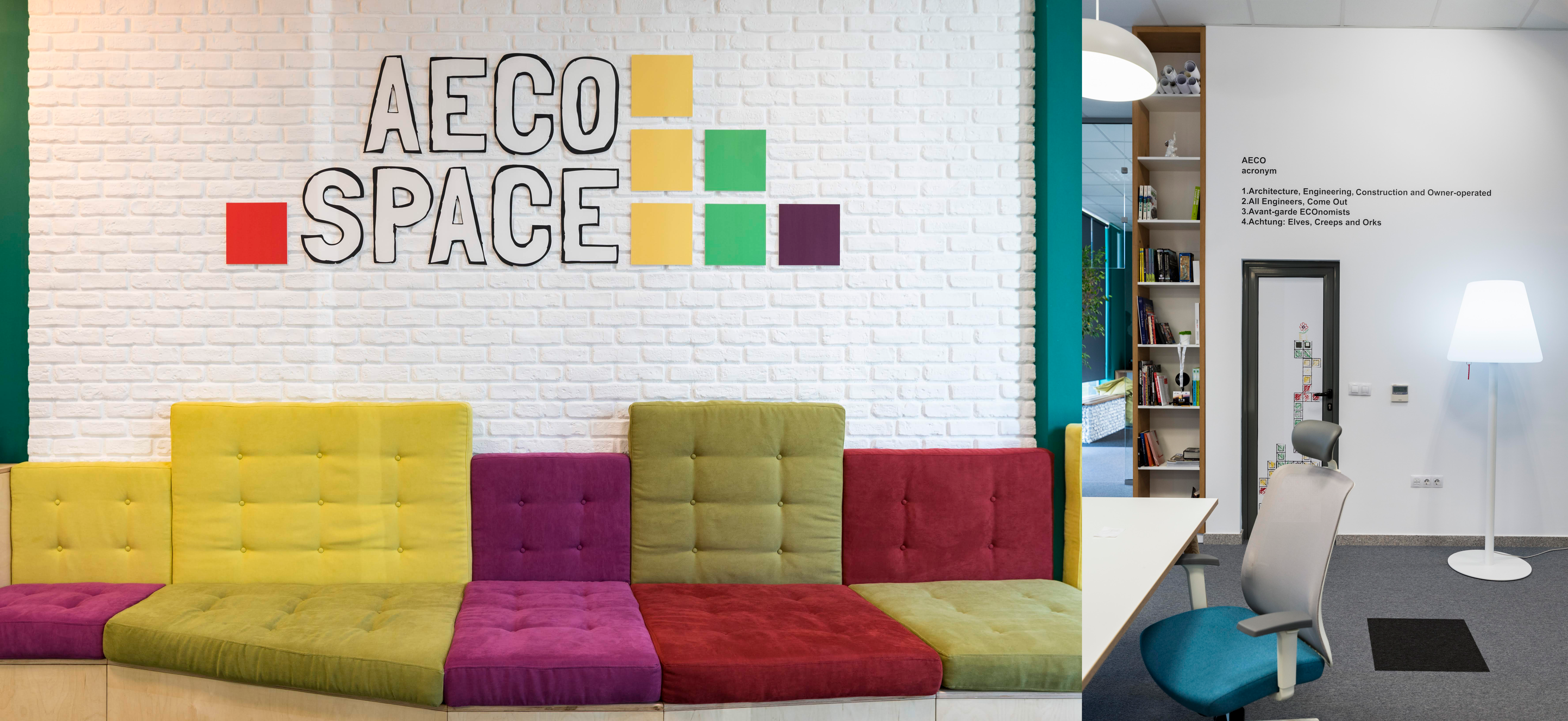 Представяне на бранда AECO Space чрез спецификация на цветове и материи.