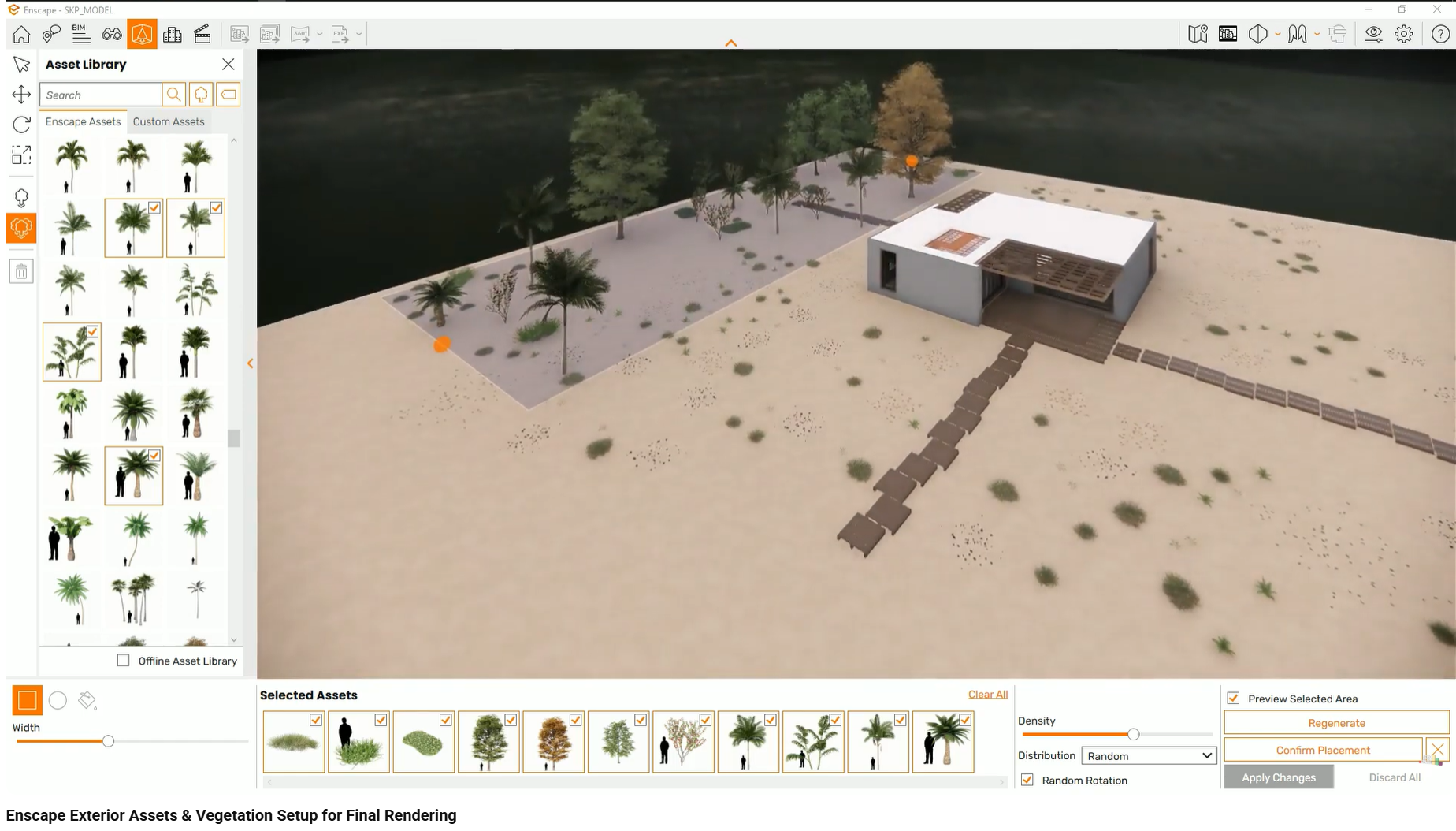 Randomized vegetation placement creating environmental depth and breaking flat exterior planes.
