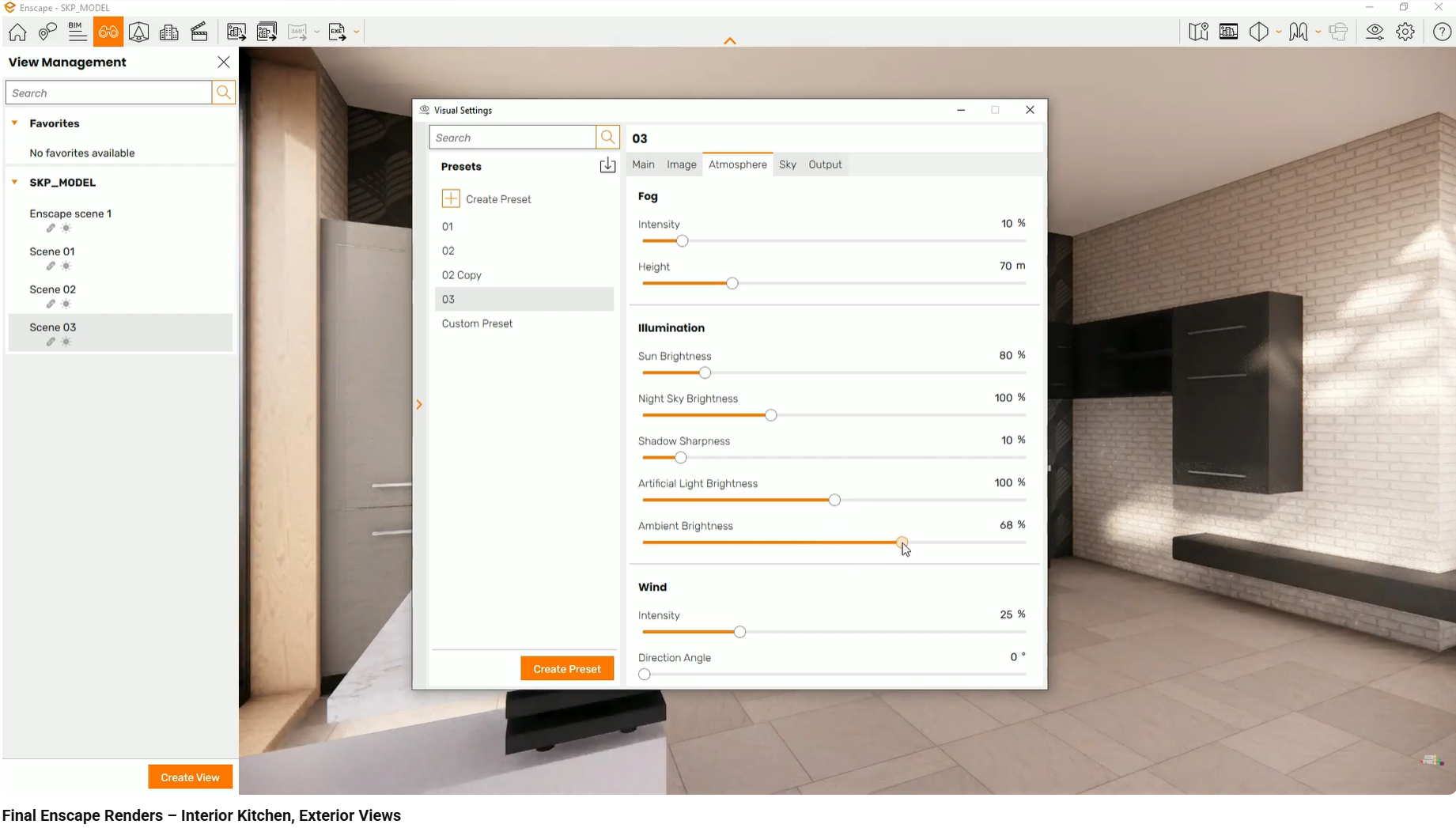 Comparison of day and night lighting scenarios from the same camera angle.
