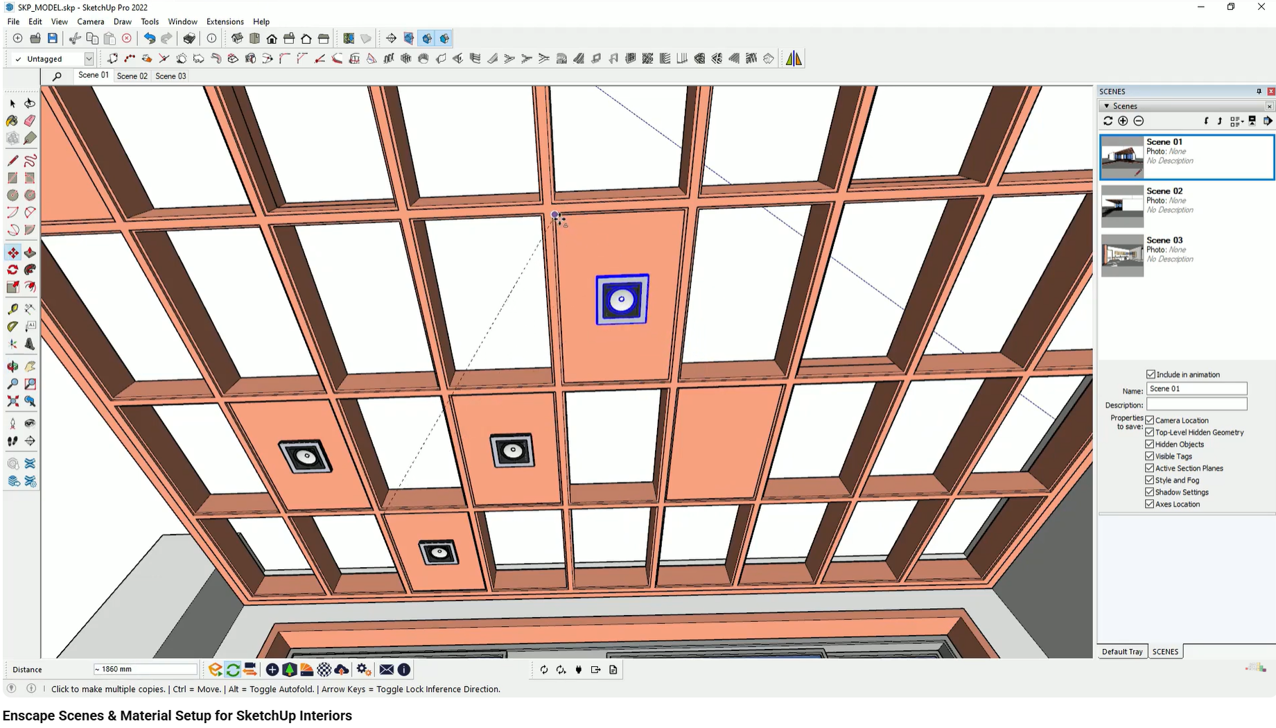 Logical placement of ceiling spotlights in the 3D model before rendering.