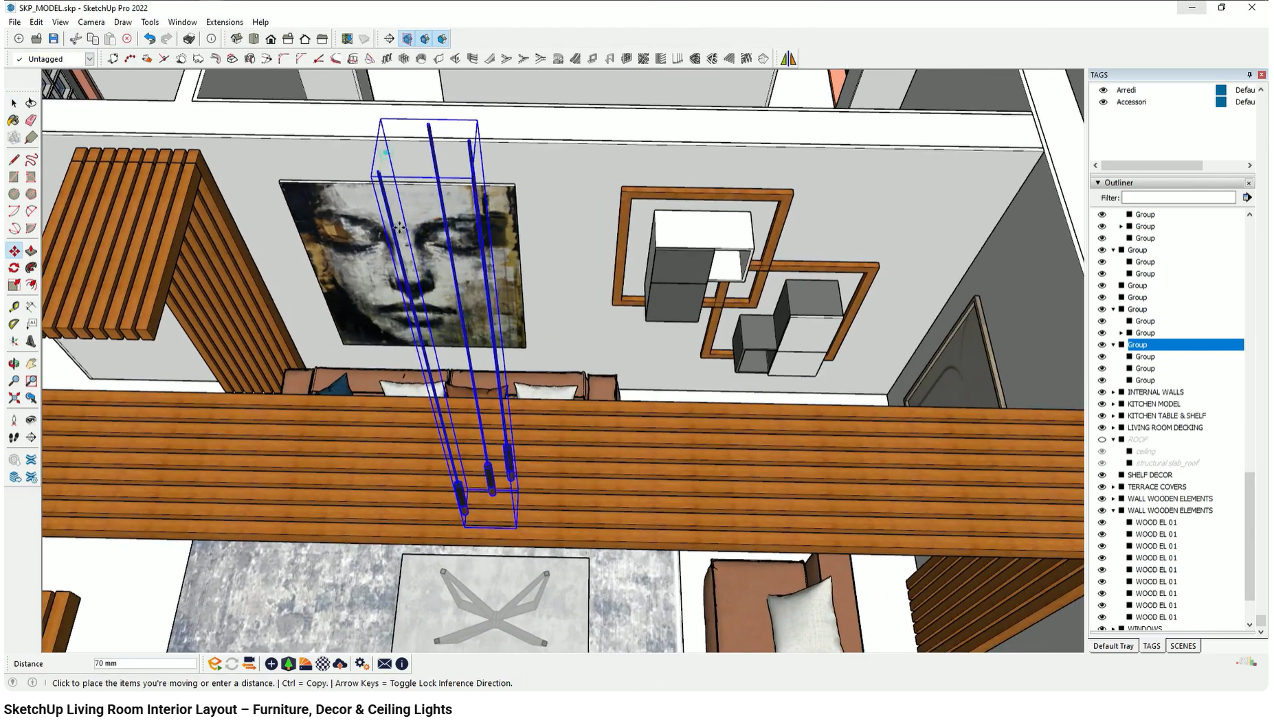Precise placement of pendant and spotlight fixtures in the 3D model.