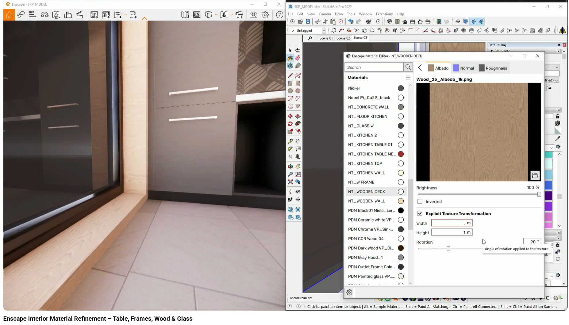 Correct wood grain direction aligned with structural geometry after texture rotation.