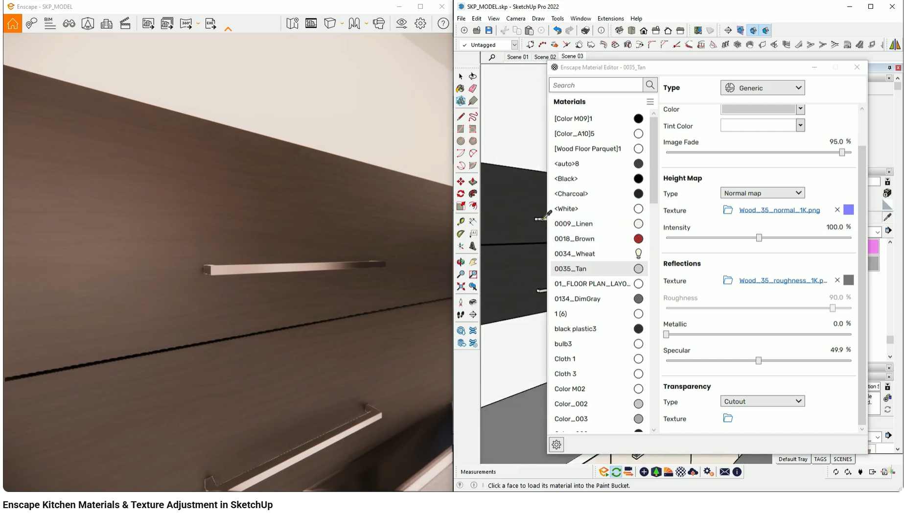 Material roughness and reflection adjustments improving surface realism.