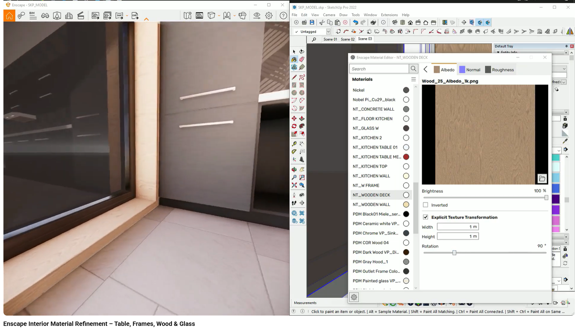 Wood grain correctly aligned with structural geometry after texture rotation.
