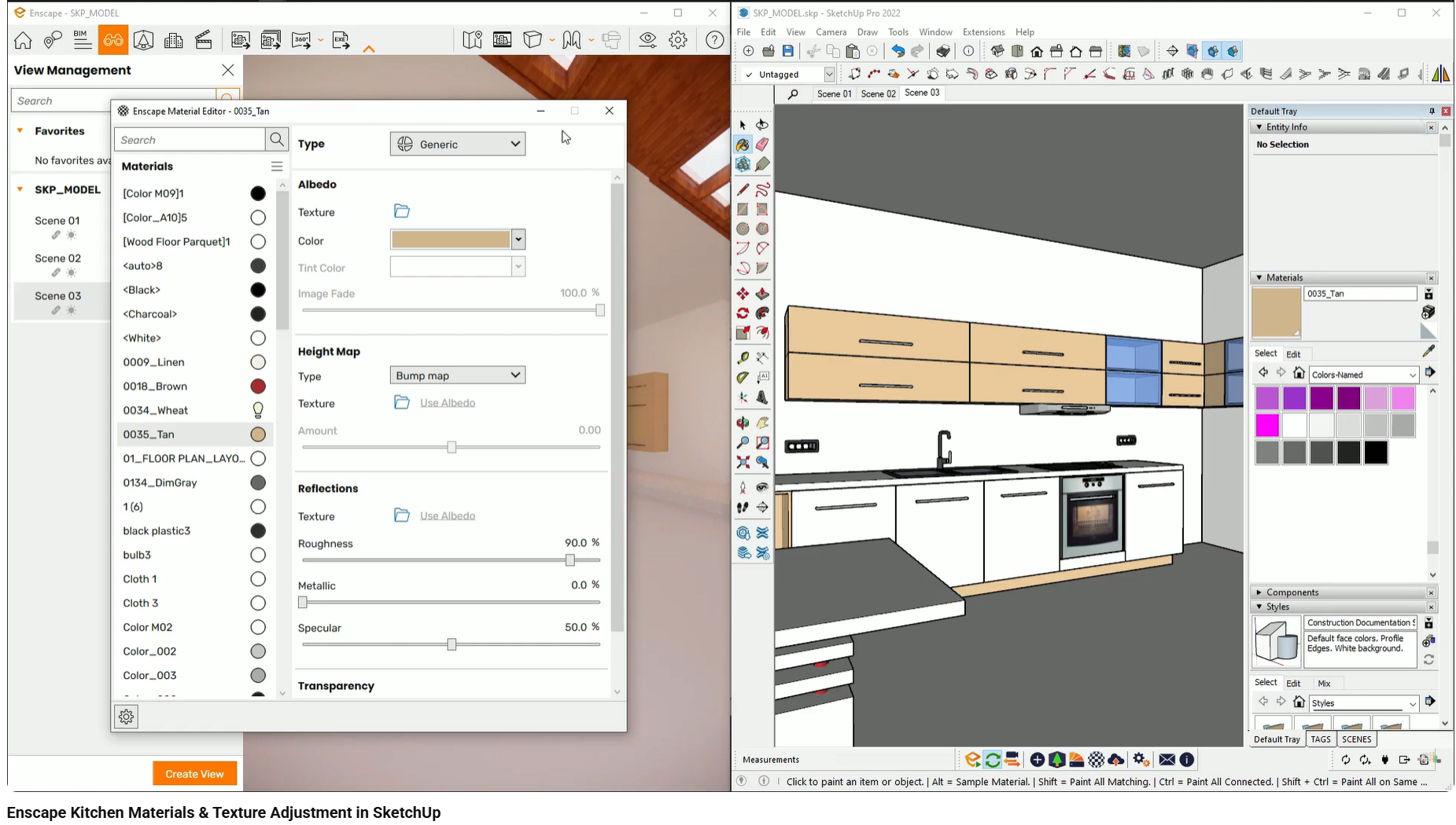 Adjusted roughness, reflection, and glass transparency for realistic surface behavior.