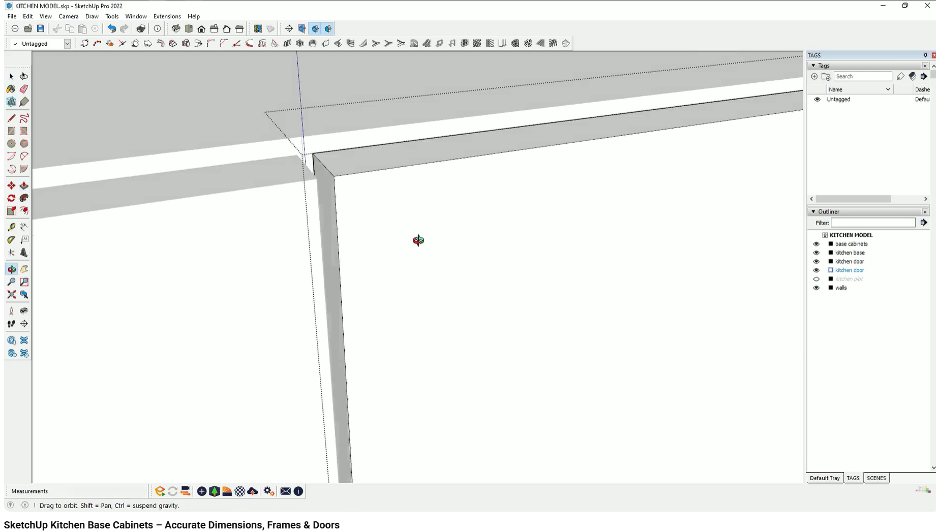 Cabinet doors modeled with 2–4 mm gaps creating realistic shadow lines.