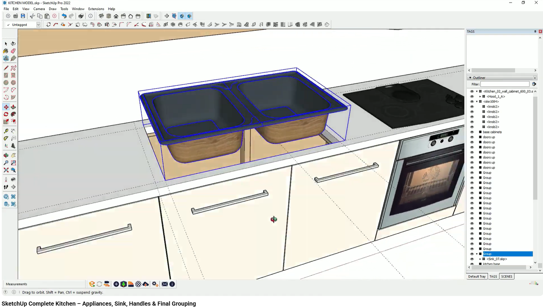 Sink and appliances integrated into the countertop with proper cutouts.