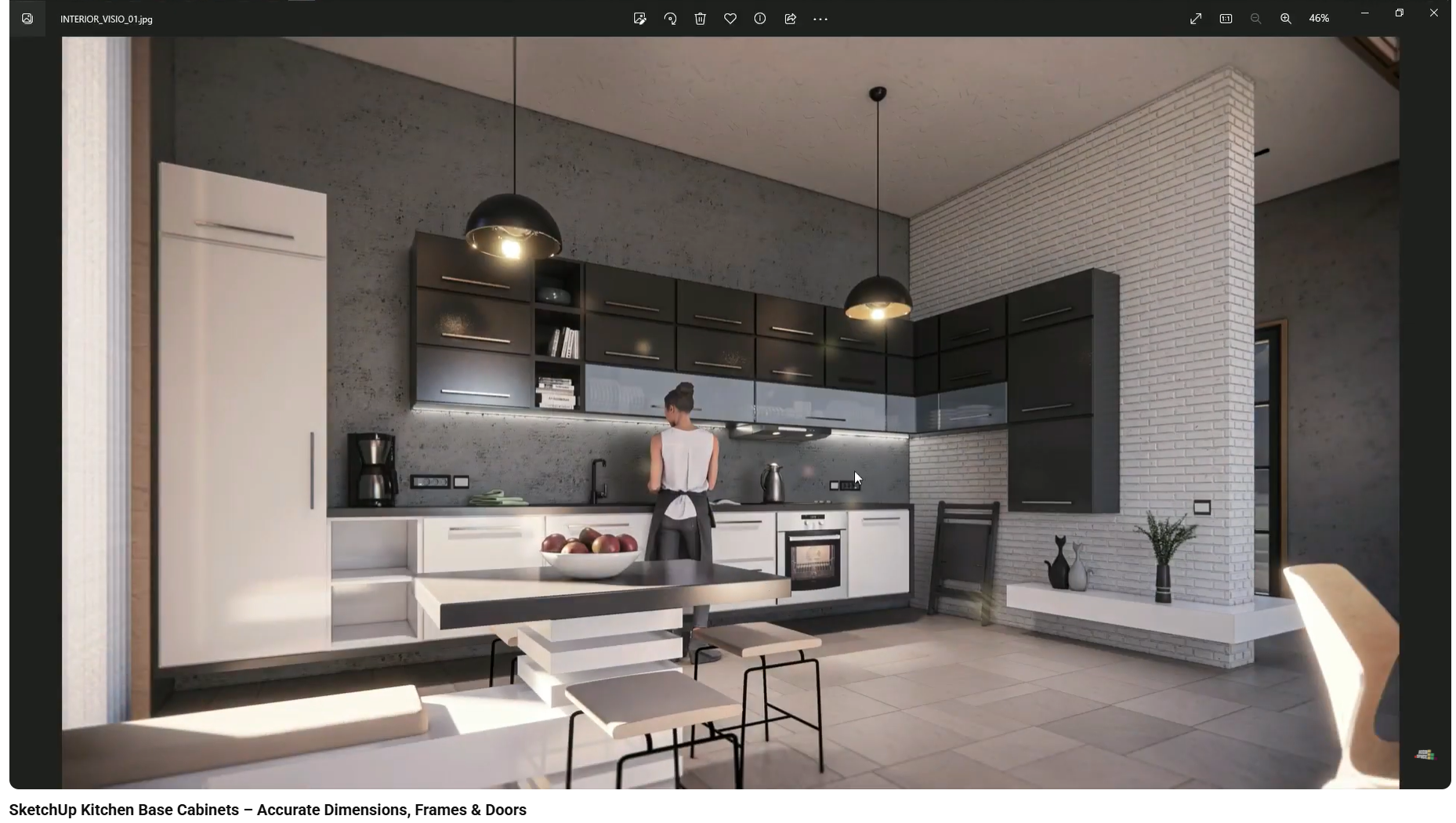 Cabinet doors modeled with 2–4 mm gaps creating realistic shadow separation.