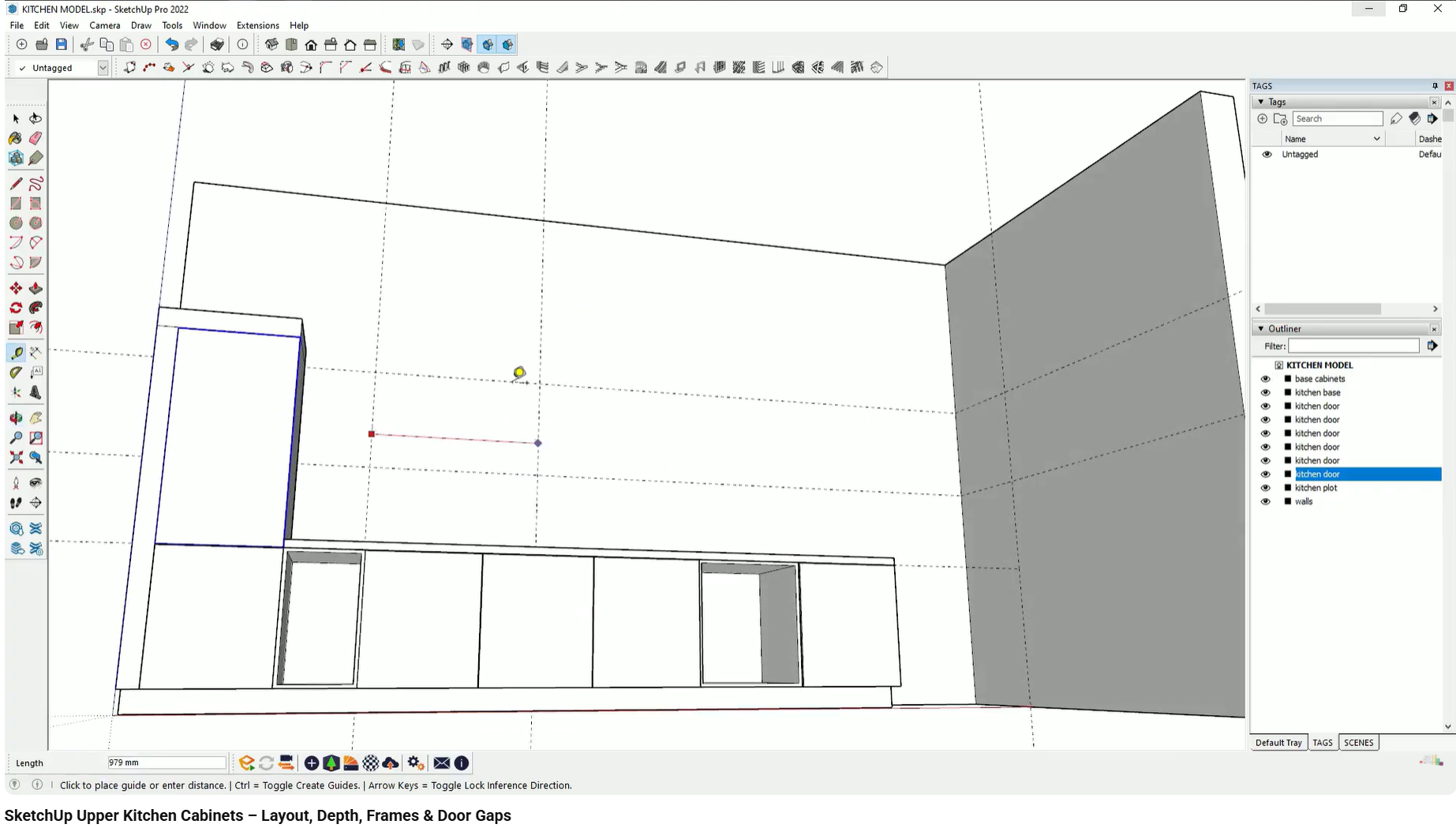 Upper and base cabinets aligned using reference lines for symmetry.