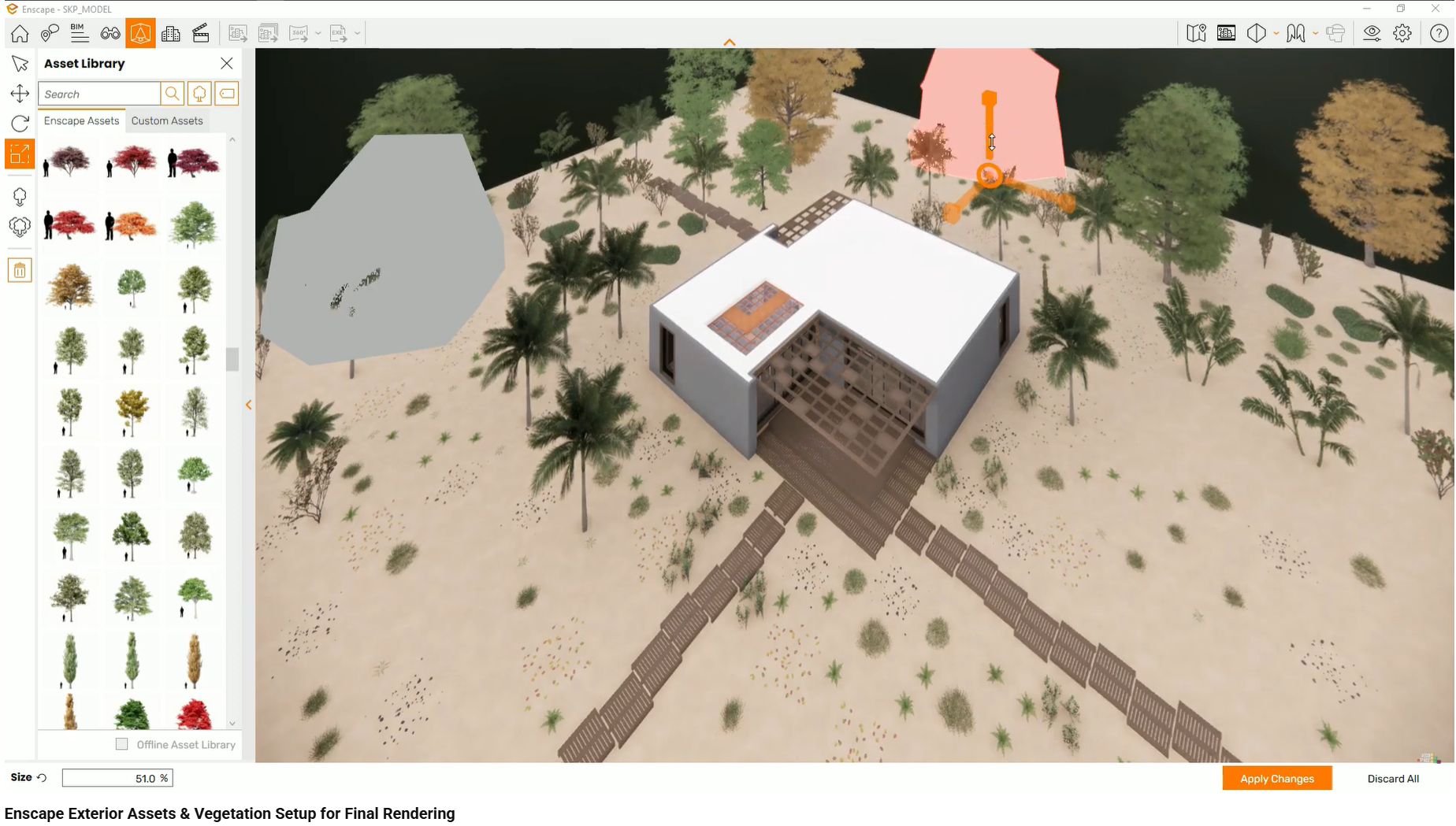 Exterior context with vegetation and terrain visible through interior windows.