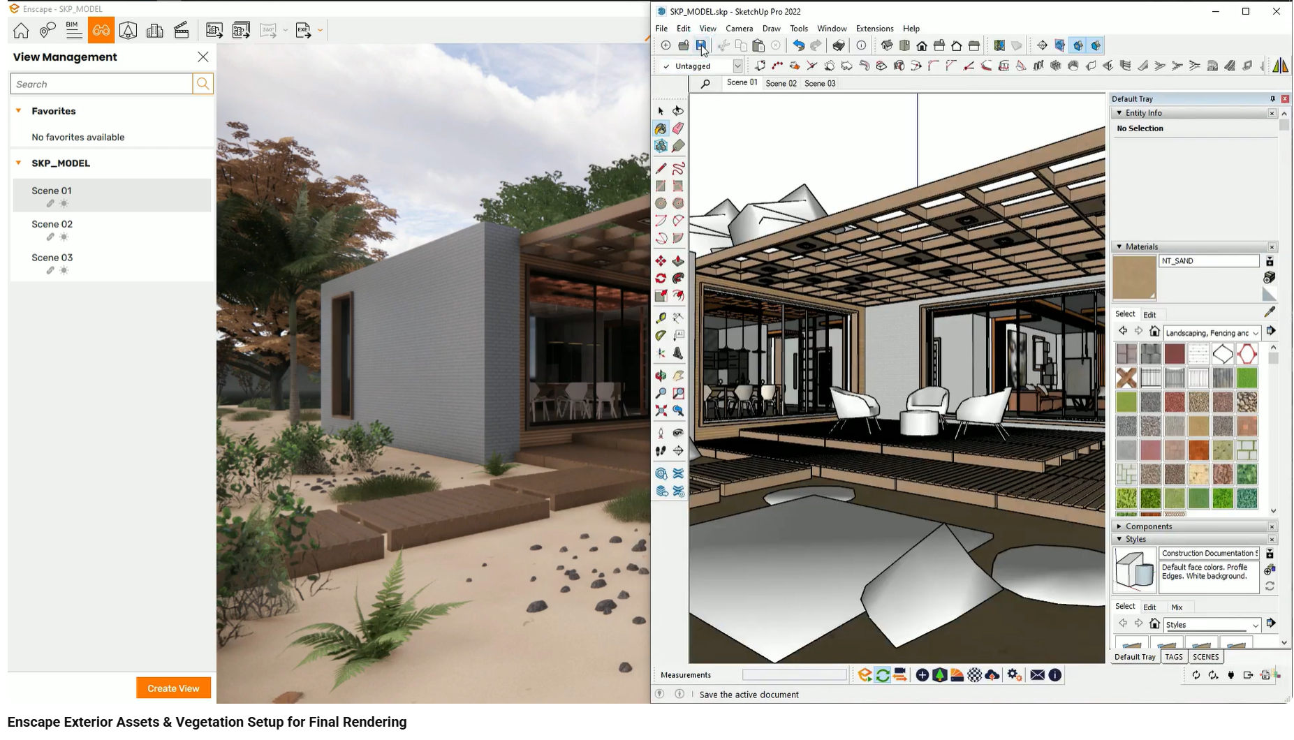 Exterior model grounded with modeled terrain, road, and walkway.
