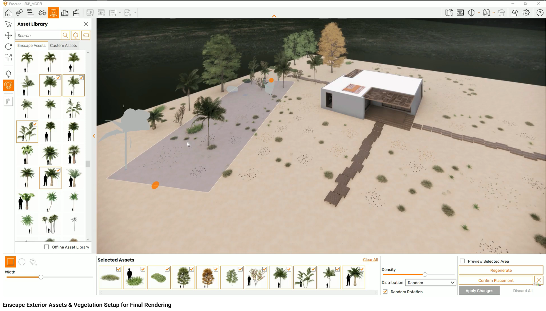 Dense, randomized vegetation framing an exterior render.
