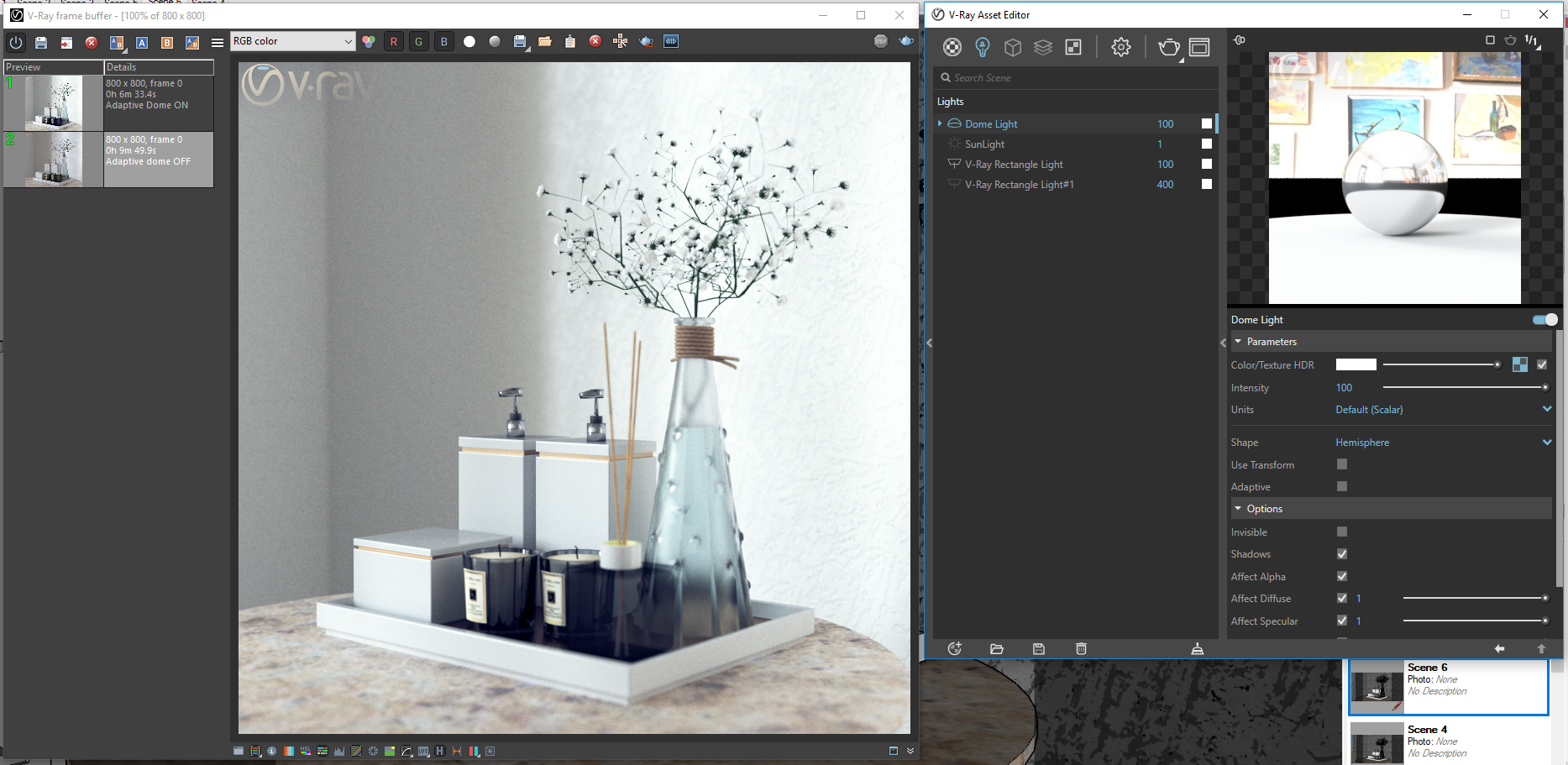 Screenshot of V-Ray rendering interior scene showing in Details Adaptoive dome Off.