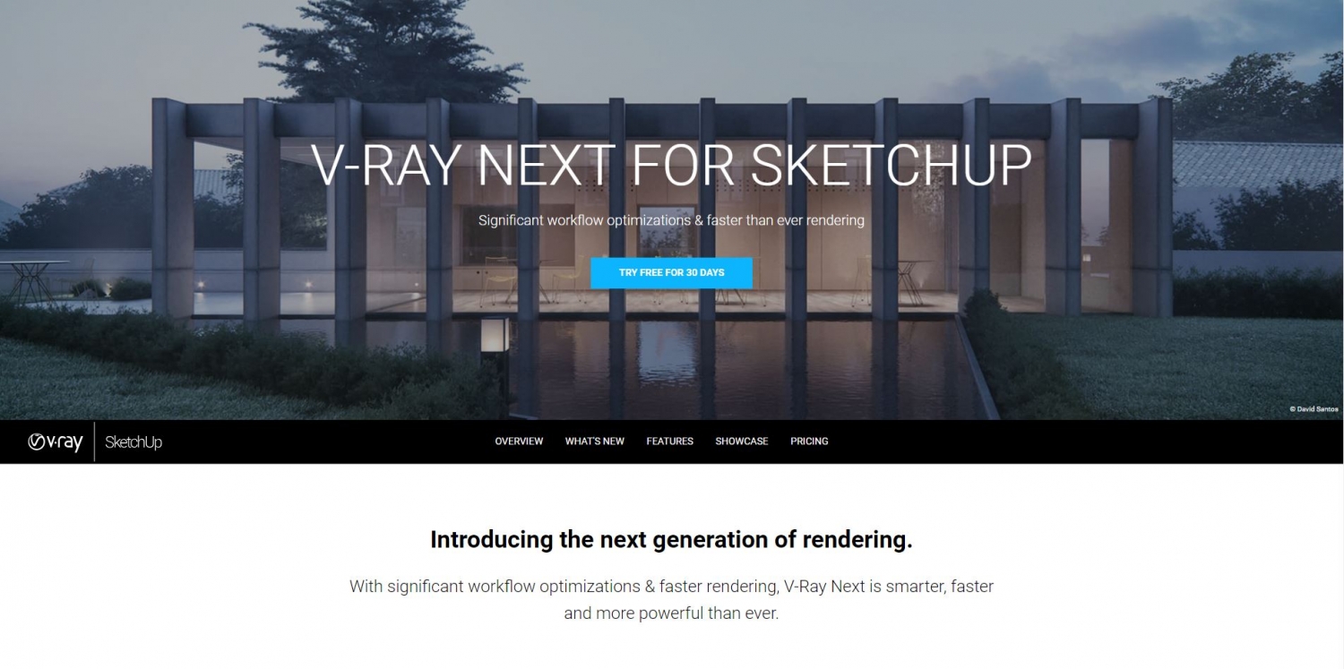 Screenshot of Chaosgroup website saying V-Ray NEXT for SketchUp Try free for 30 days.