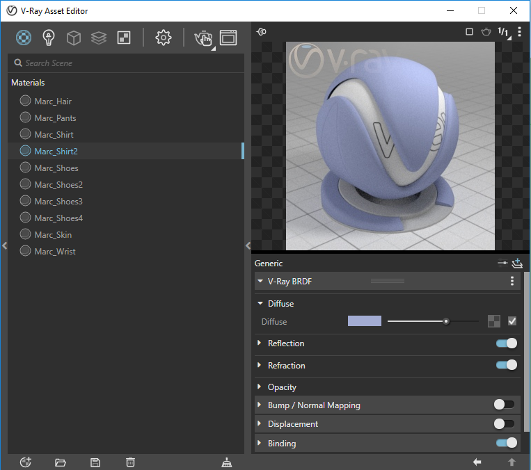 Screenshot of V-Ray Asset Editor, Materials.