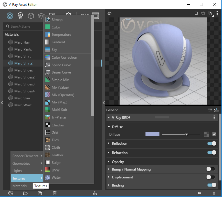 Screenshot of V-Ray Asset Editor, Materials, Textures.