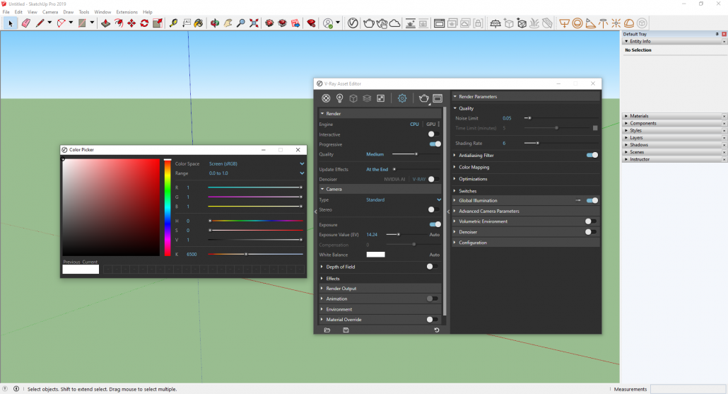 SketchUp Pro Untitled document with opened VRay Asset Editor and Color Picker.