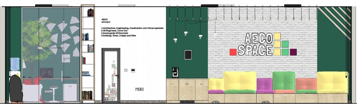 Front view of AECO Space office project drawn in SketchUp and LayOut. 