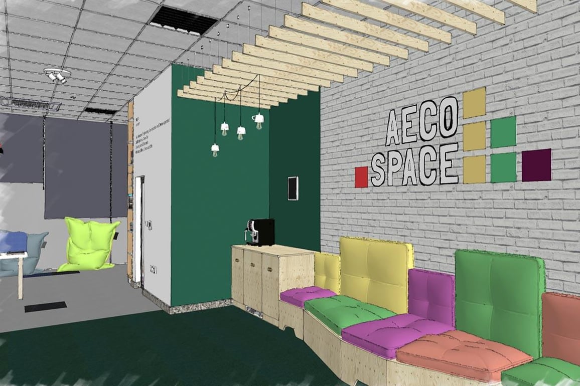 SketchUp rendering of a workplace interior showing corner with coffee machine and colorful sofa.