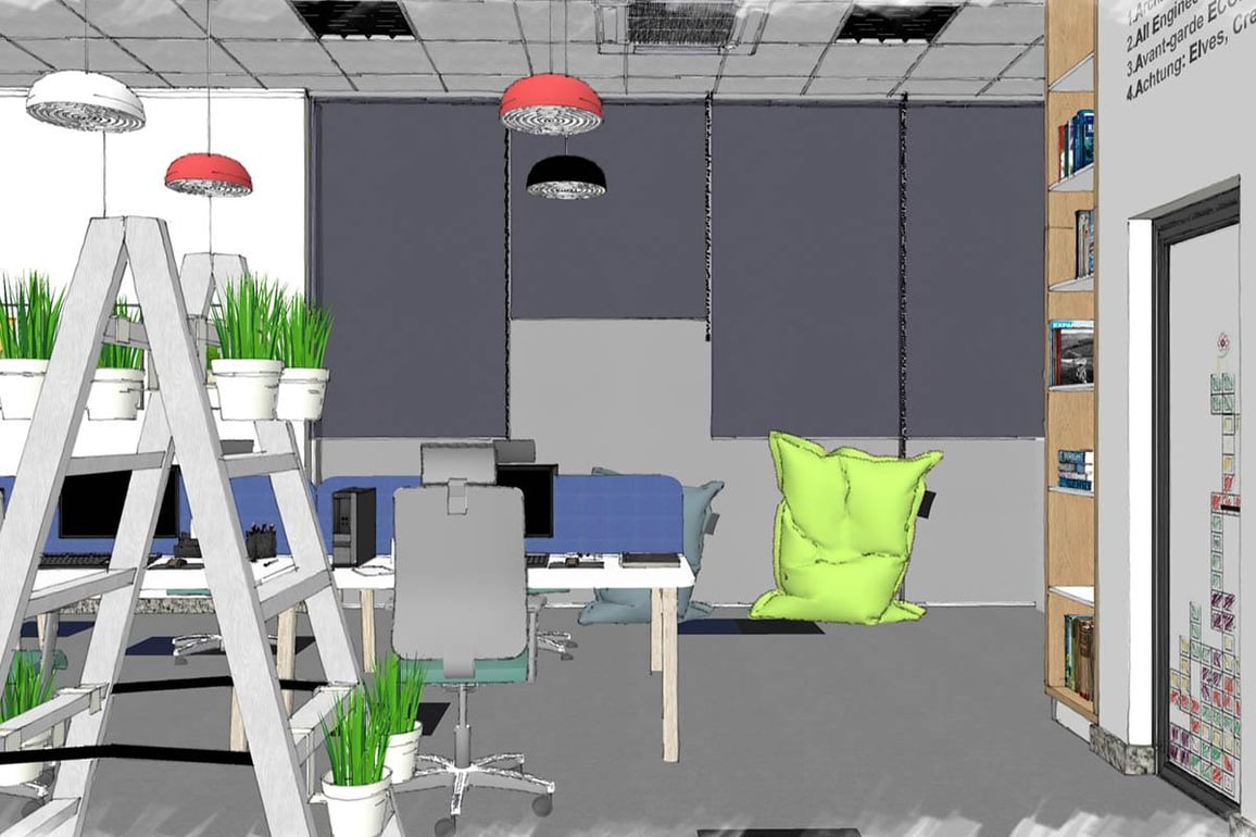 SketchUp rendered scene showing large window with blinds, workplace nd green plants.