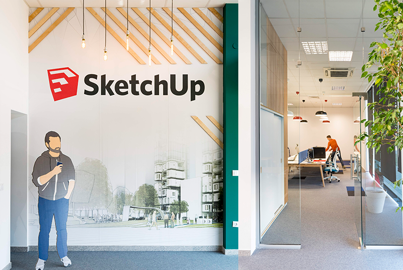 SketchUp logo on the wall of AECO Space office in Sofia.