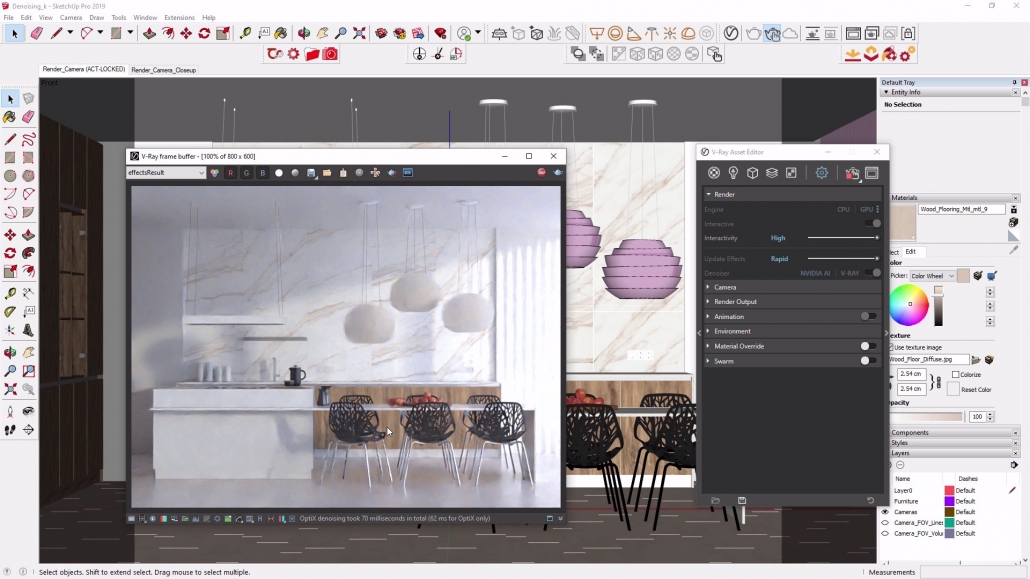 SketchUp Pro document with opened V-Ray Asset Editor and V-Ray frame buffer. 