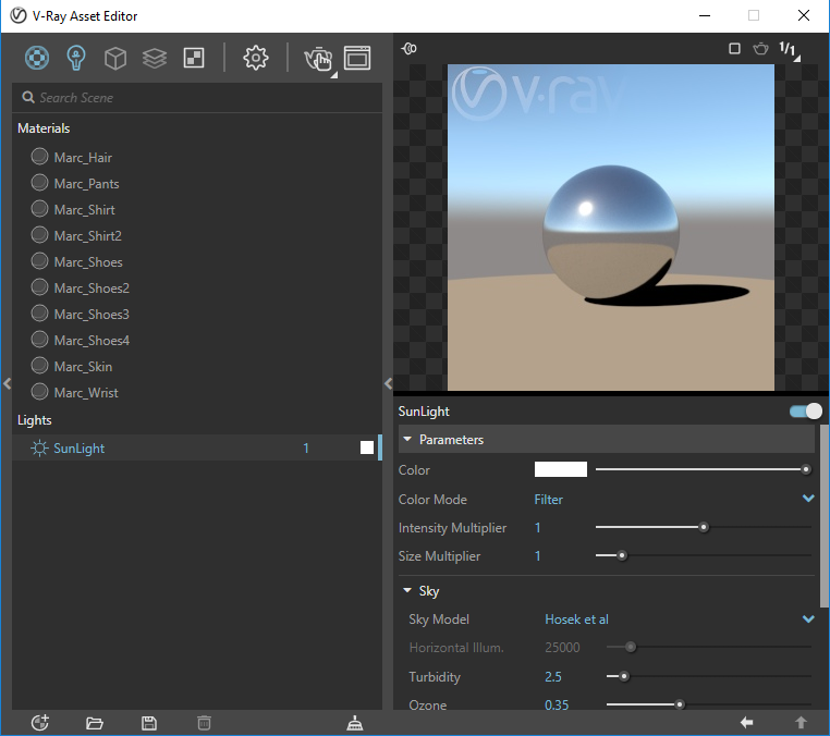 Screenshot of V-Ray Asset Editor, Lights, SunLight..