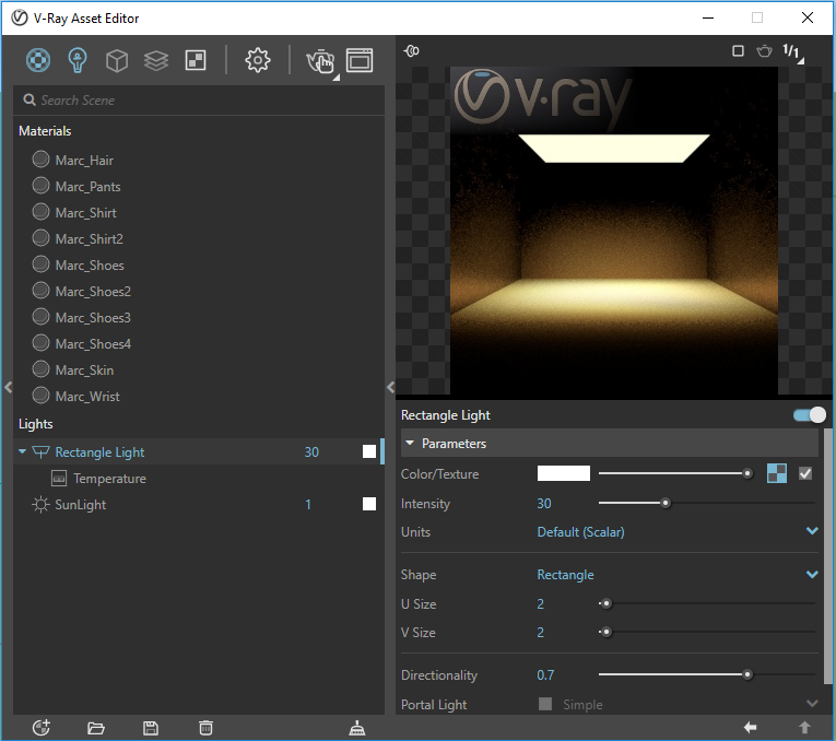 Screenshot of V-Ray Asset Editor, Lights, Rectangle Light.