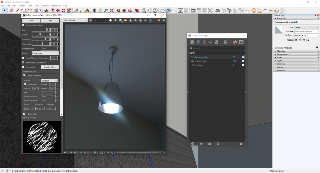 SketchUp Pro document with opened V-Ray Asset Editor and adjusting Rectangle Light.