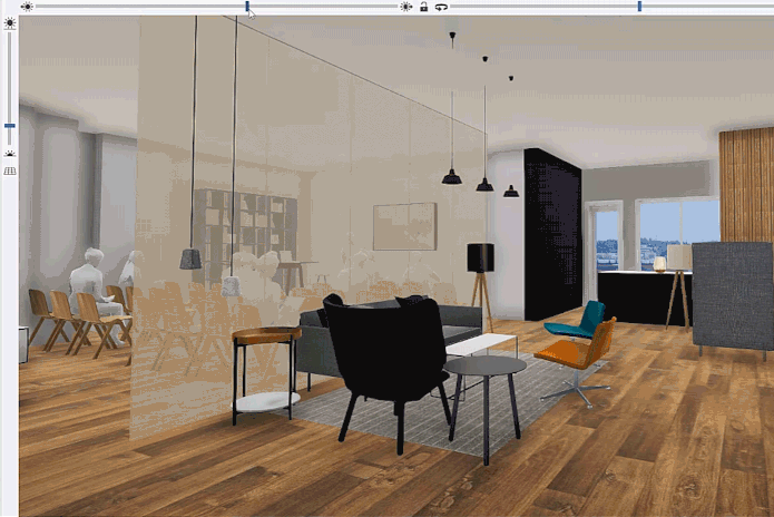 SketchUp rendered scene with Trimble Connect Visualizer showing in motion changing light and shadows.