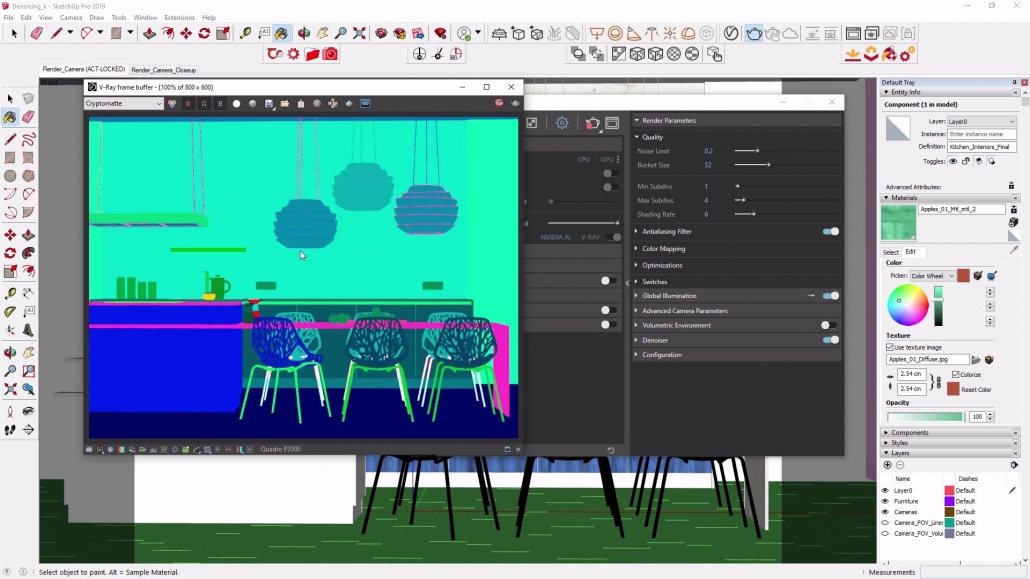 SketchUp Pro document with opened V-Ray Asset Editor and Render Parameters adjusting Noise.