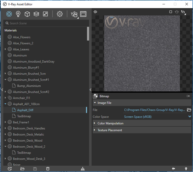 Screenshot of V-Ray Asset Editor, Materials.
