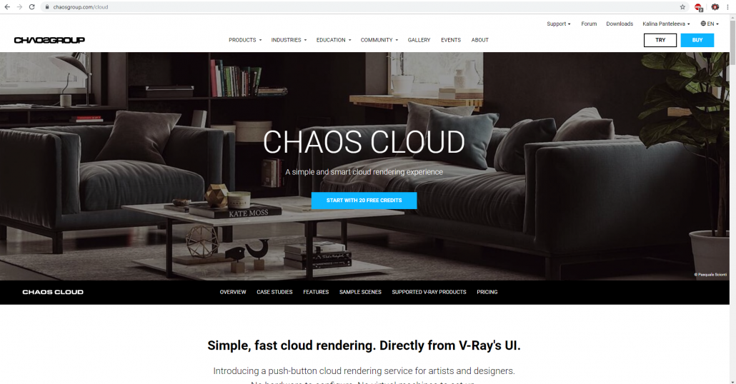 Screenshot of opened Chaosgroup Cloud website.