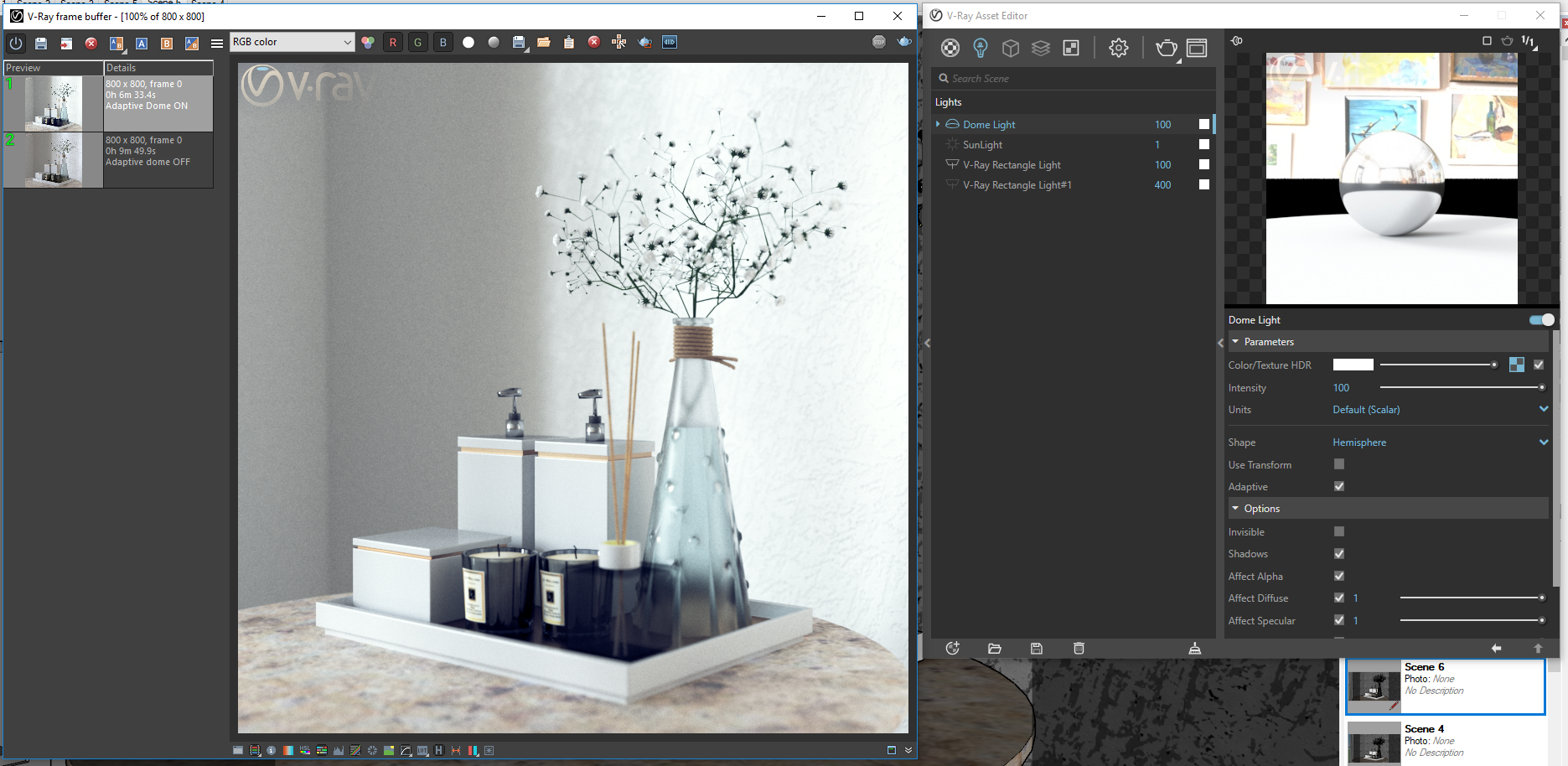 Screenshot of V-Ray rendering interior scene showing in Details Adaptoive dome On.