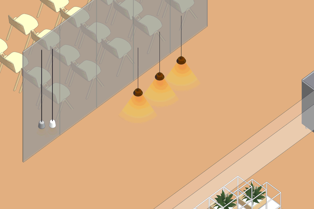 In SketchUp Pro scene appearing one after another white carpet, gray sofa with three pillows, white table, lampshade and black, yellow and blue chair.