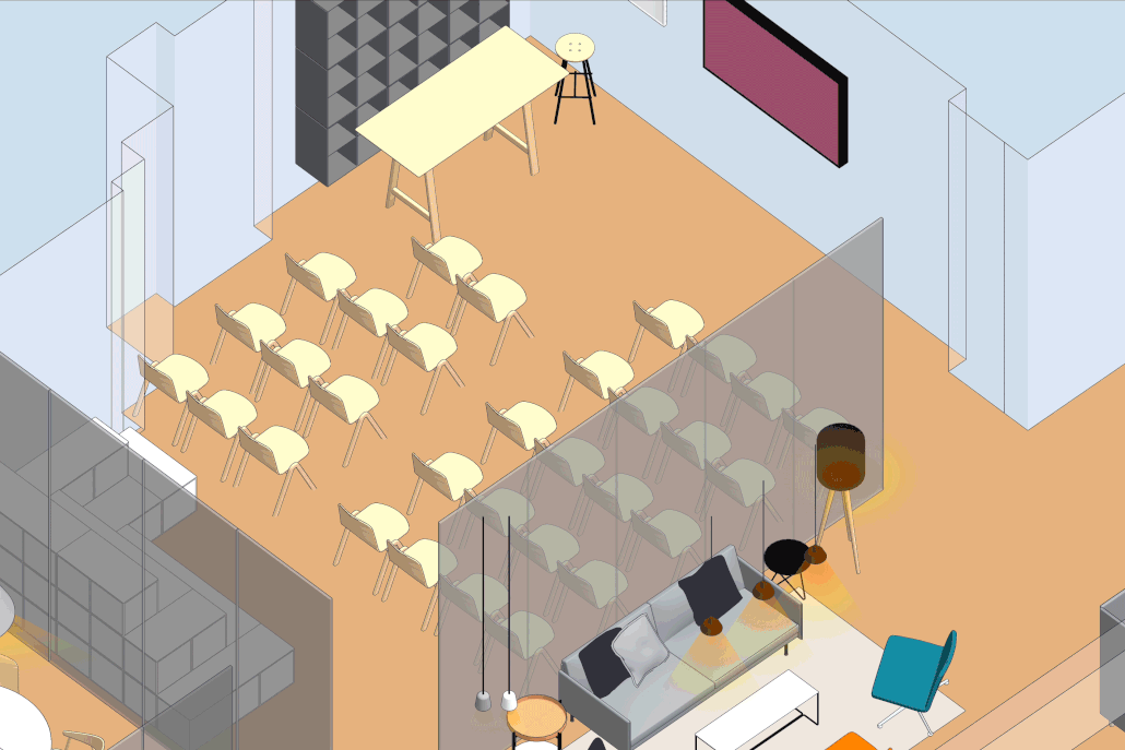 Moving around zoom out view of SketchUp scene replacing group of white chairs with white rectangular table with ten chairs.
