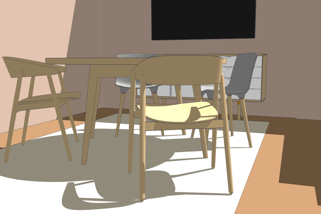A SketchUp scene of room corner with white carpet, wood table, three wood chairs and sideboard presented with three different styles.