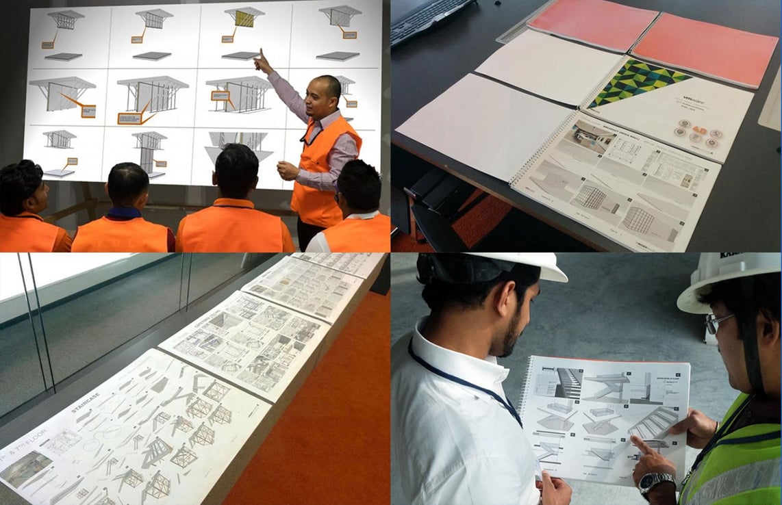 Team of construction builders review engineering plans made in SketchUp Layout.