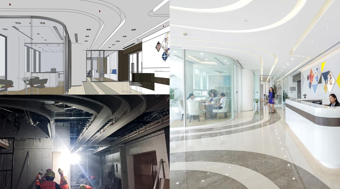 Comparative photo of the reception area before, during, and after the build.