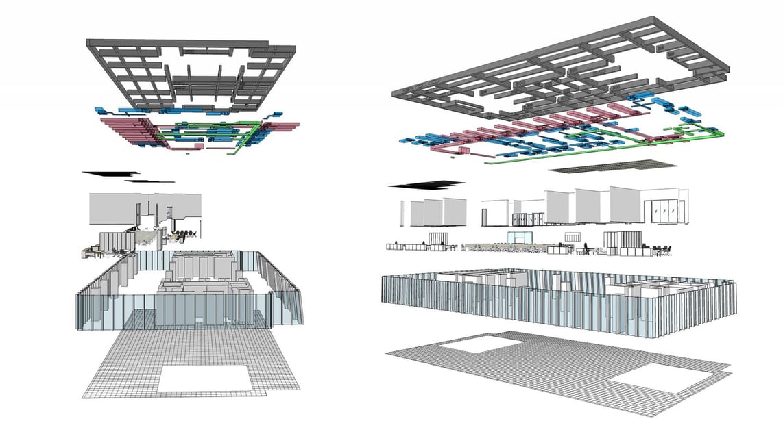 Engineering drawing of a building shown in 3D fly-through animation.