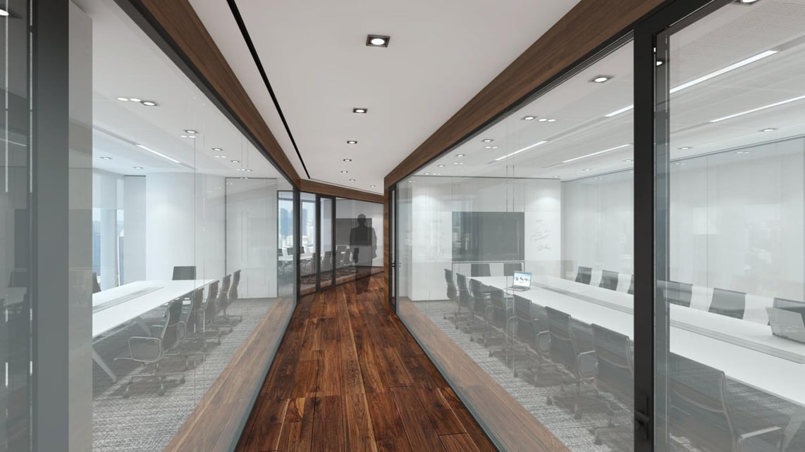 Rendered image of a workplace with two separated meeting rooms with glasswalls.