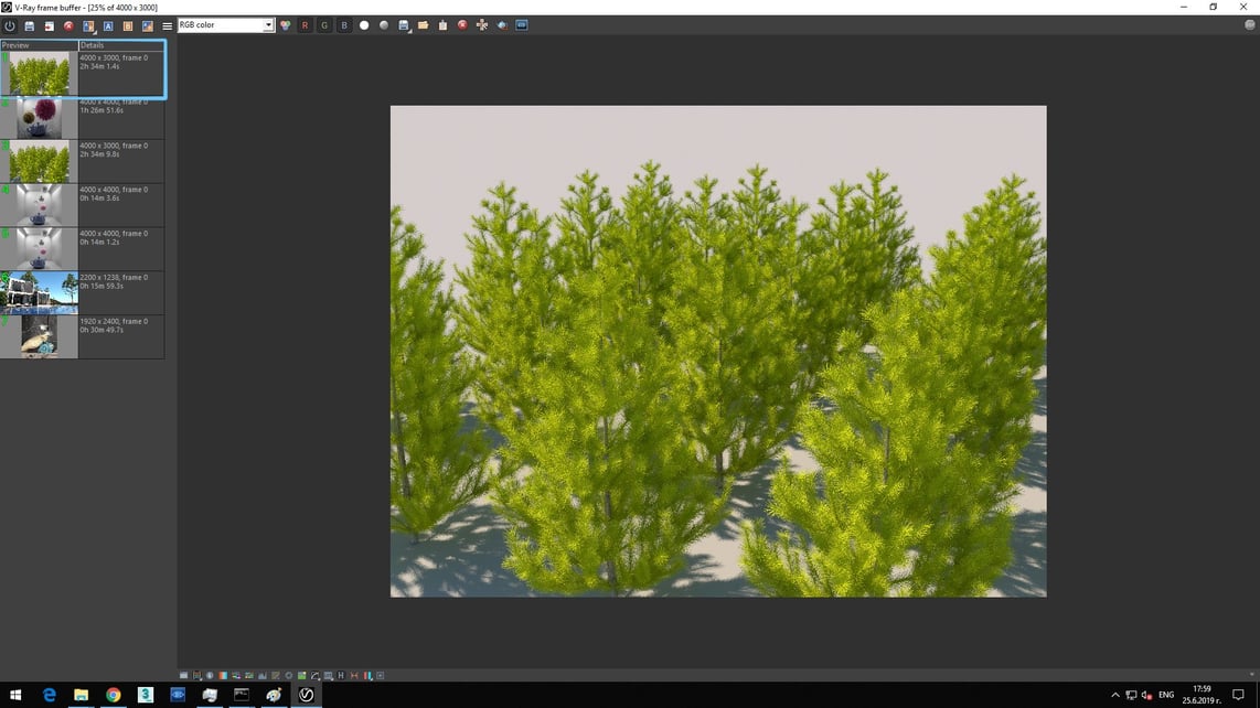 Screenshot of V-Ray Next processed image of coniferous green trees showing in Details of Preview rendering time 2h 34m 1.4s.
