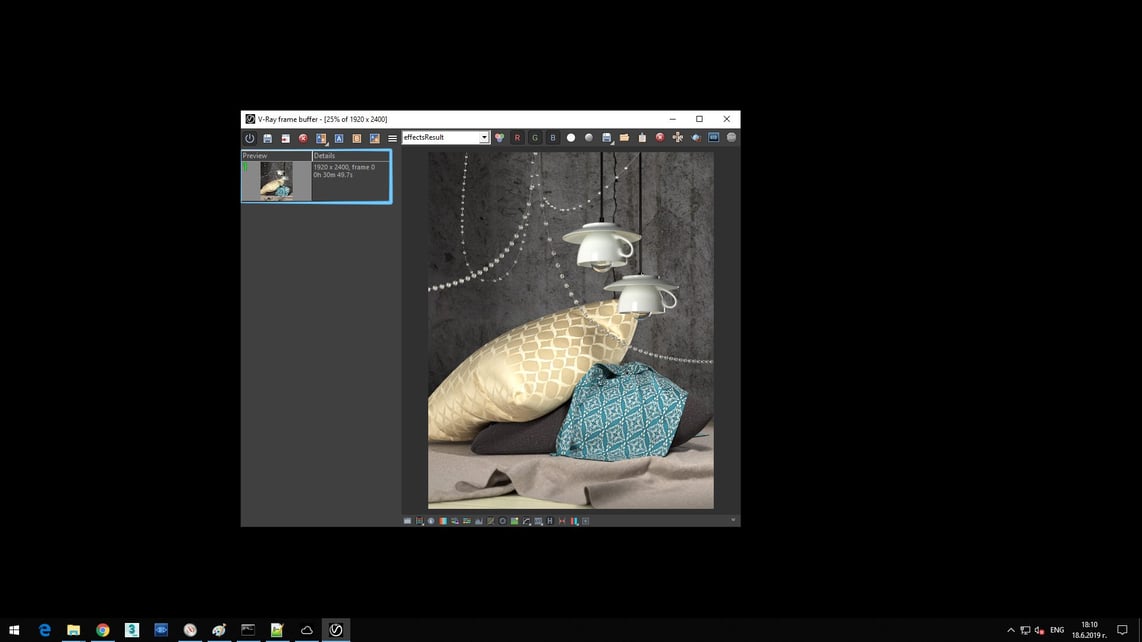Screenshot of V-Ray Next processed image of upside down coffee cups and two pillows on gray blanket showing in Details of Preview rendering time 0h 30m 49.7s.