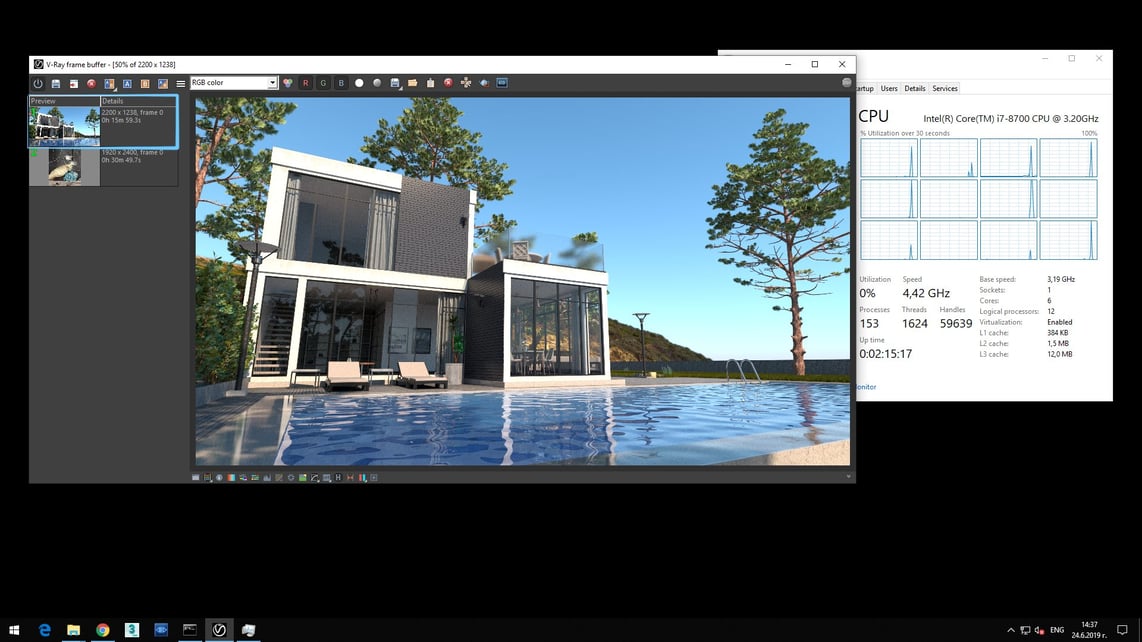 Screenshot of V-Ray Next processed exterior image of cubic house with glass walls and pool showing in Details of Preview rendering time 0h 15m 59.3s. 