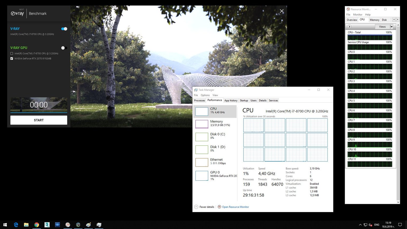 Screenshot of V-Ray Next Benchmark and opened Task Manager showing 12 CPU and hyperthreading on, ready to start.