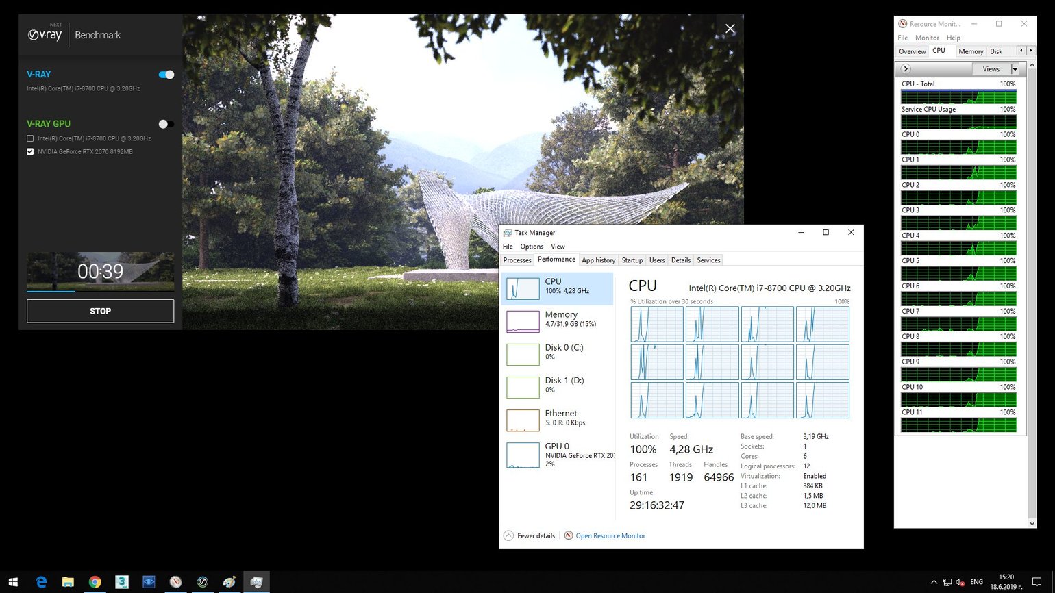 Screenshot of V-Ray Next Benchmark and opened Task Manager showing 12 CPU and hyperthreading on, processing the image.