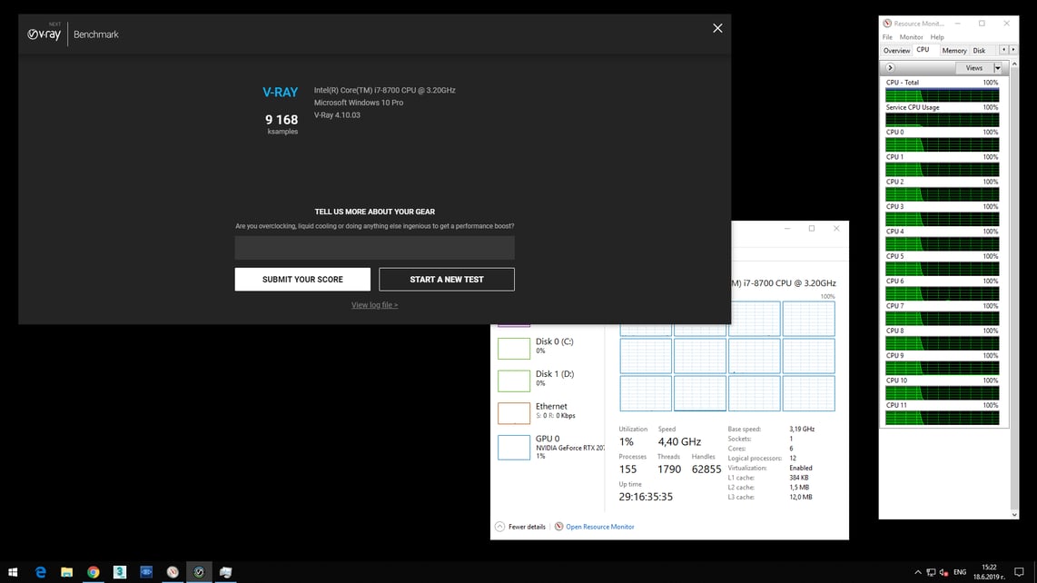 Screenshot of V-Ray Next Benchmark worked with hyperthreading on and showing 9168 internal statistics of the calculations per minute.