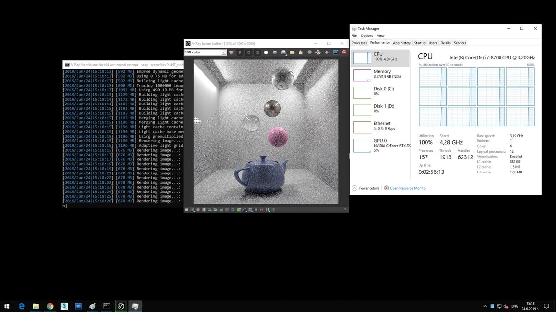 Screenshot of V-Ray Next Standalone processing image of blue pot and flying bubbles with opened Task Manager showing 12 CPU and Speed: 4.28 GHz.