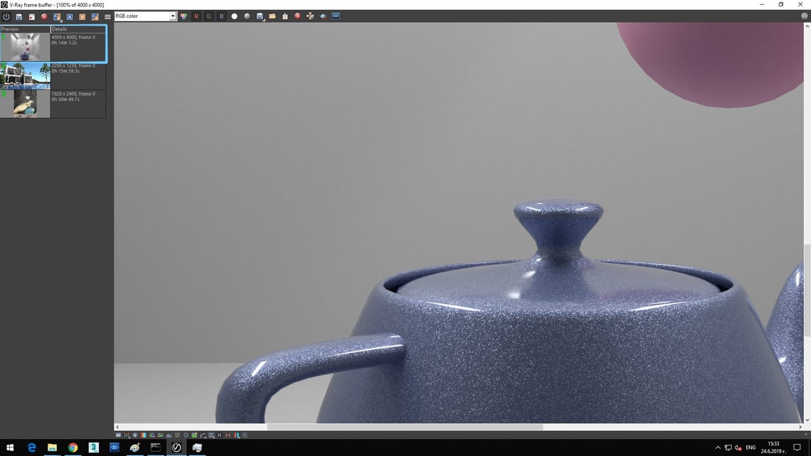 Screenshot of V-ray frame buffer showing zoomed rendered image and Details of Preview, rendering time with hyper-threading on: 0h 14m 1.2s.