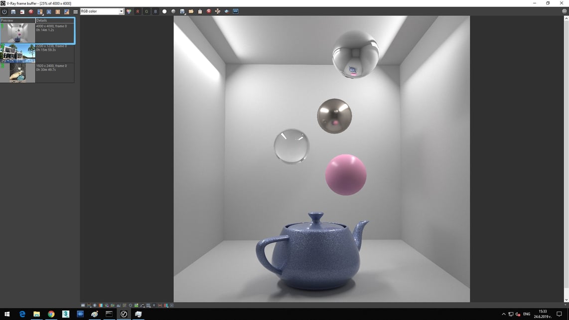 Screenshot of V-ray frame buffer showing in Details of Preview that the image of rendering time with hyper-threading on is 0h 14m 1.2s.